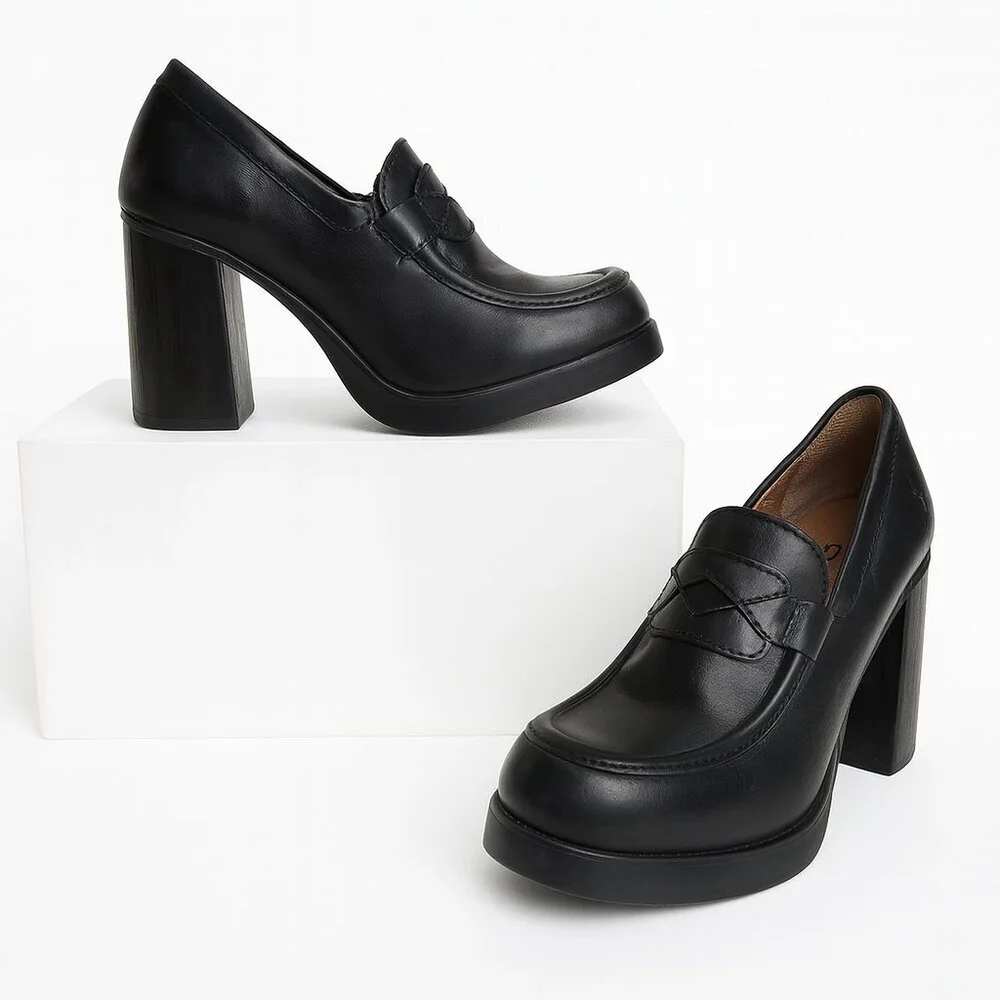 Fly London Black Leather Platform Loafer Block Heel Shoes 39– Preppy Y2K Chunky